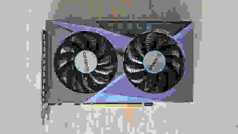 A top-down view of a desktop graphics card