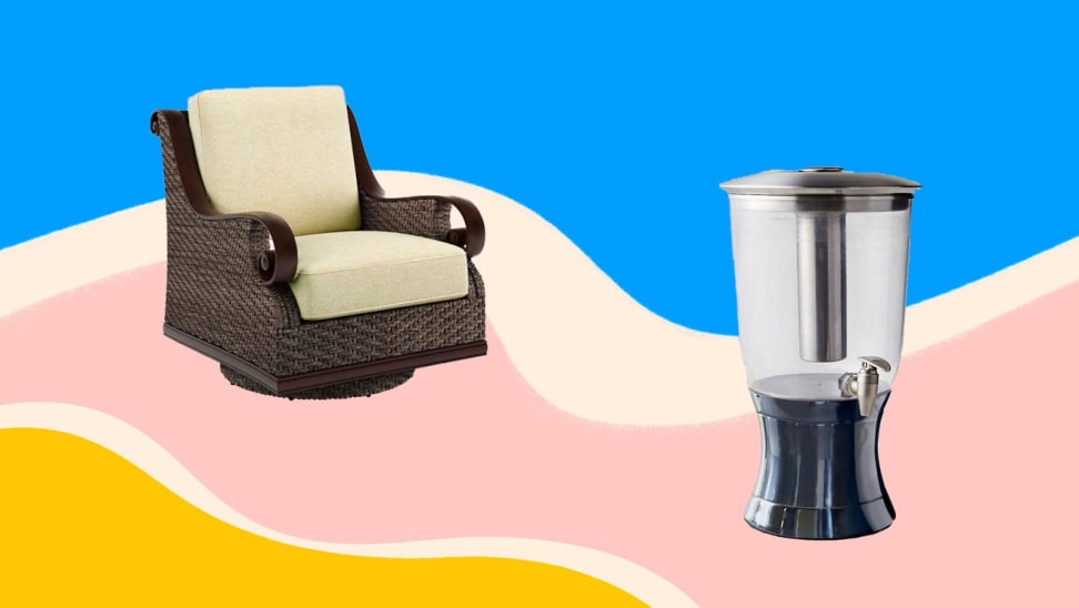 A beige swivel chair and beverage fountain against a colorful background.
