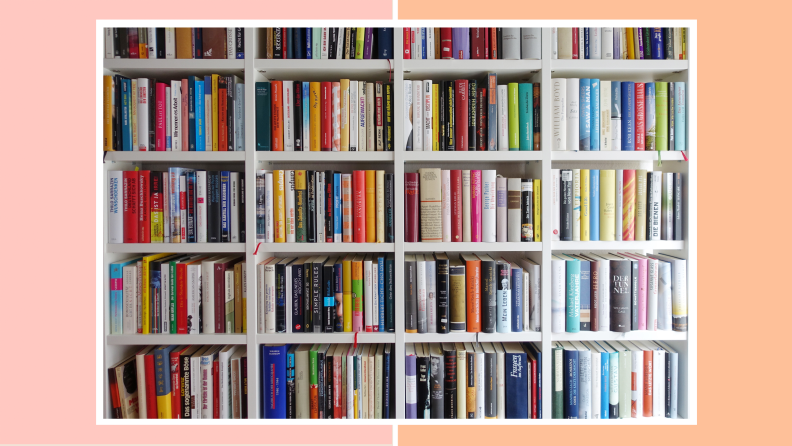 Large bookcase with numerous multicolored books.