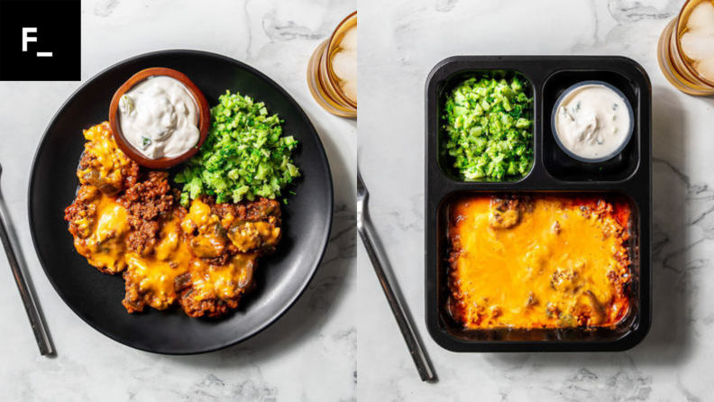 Two photos of a Factor meal, plated on left and packaged on right