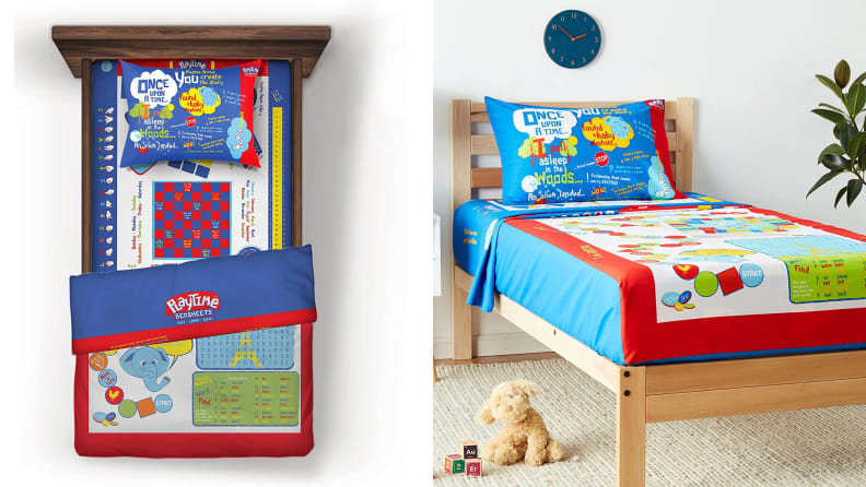 On the left: An overhead shot of a twin bad made with colorful sheets. On the right: An image of child's bed in a bedroom.