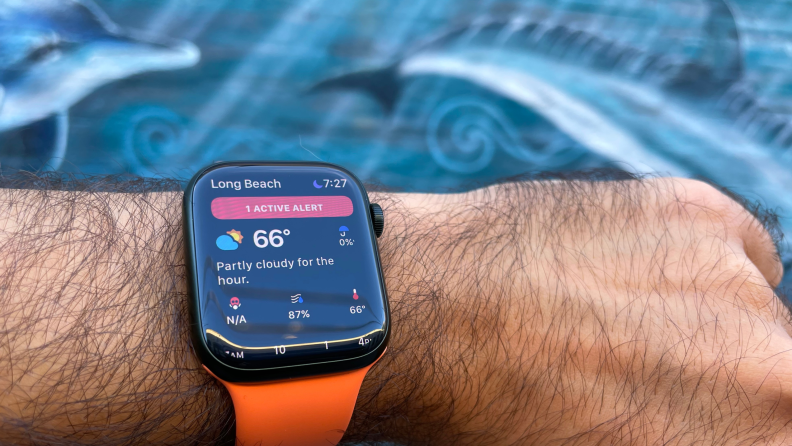 A person checks an Apple Watch fastened to their wrist featuring the Carrot app.