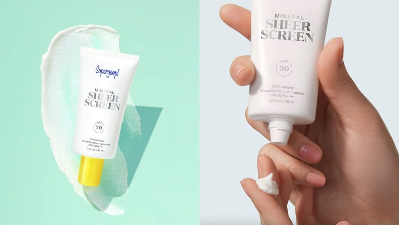 On the left: A white tube of sunscreen and a swatch of the formula. On the right: A hand holding a white tube of sunscreen.