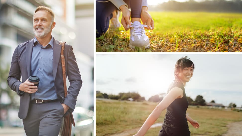 Person walking holding a phone, close up of person tying sneaker, person wearing athletic clothes and walking on a track.