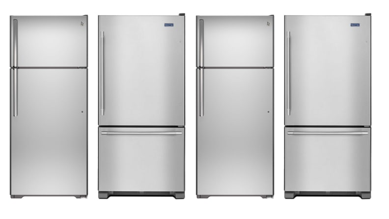 A series of fridges, alternating between top-freezer and bottom-freezer