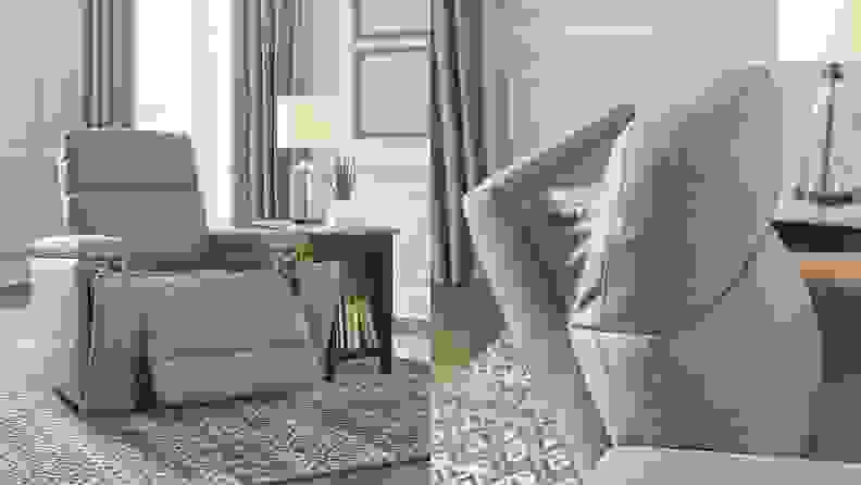 On left, sand colored power lift chair in living room setting. On right, close up of headrest of sand colored power lift chair.