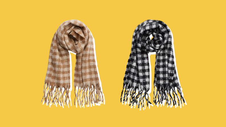 Two Aerie Plaid Scarf's yellow background.