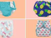 Four swim diapers sit on orange and pink checkered background