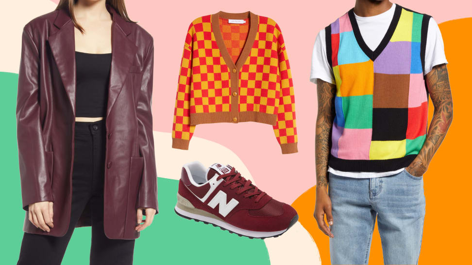 An image of a maroon leather blazer on a model, an orange and checked cardigan above a red New Balance 574 shoe, and a model wearing a colorblocked sweater vest on an orange, green, tan, and pink background.