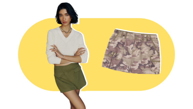 A model wearing a cream sweater and green skort, and a cargo mini skirt with camo print.