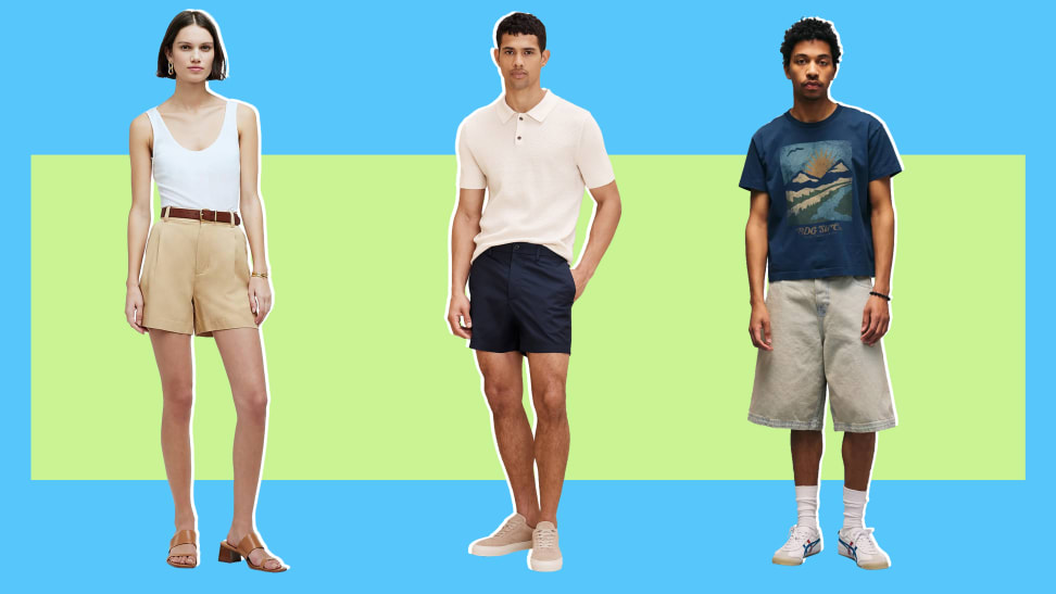 Collage of three models wearing various styles of shorts against a blue and green background.