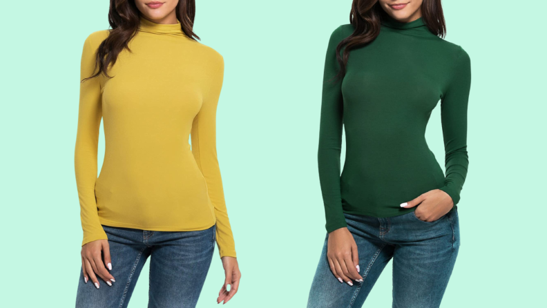A turtleneck in yellow and green colorways.