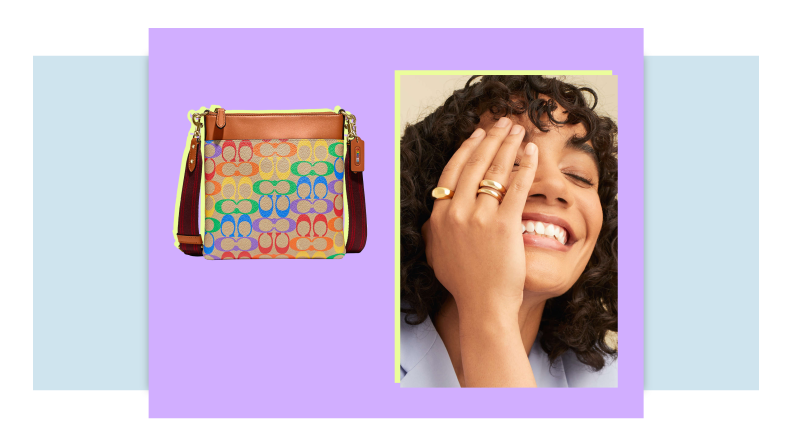 On left, rainbow leather purse. On right, model smiling while wearing gold jewelry on fingers.