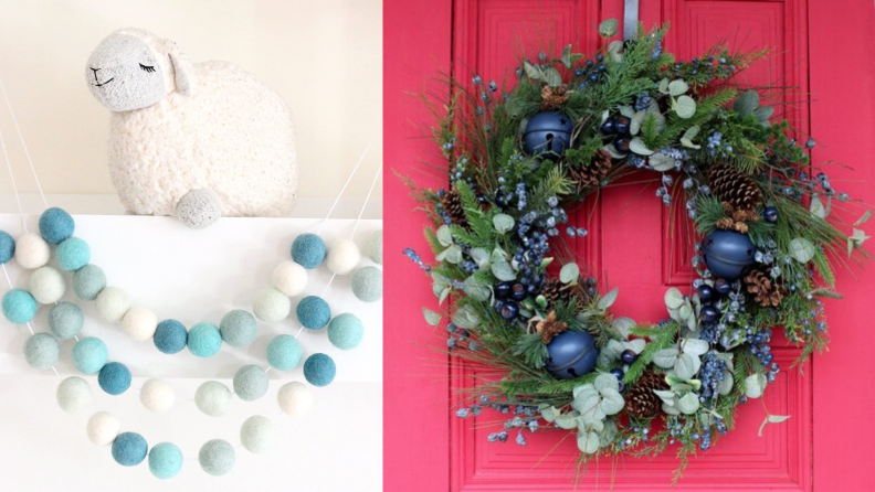 Blue Christmas design elements like wreaths and garland.