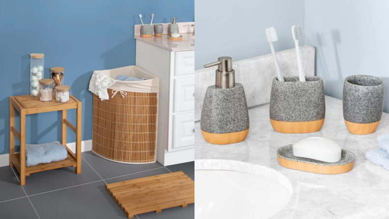 Image of a wicker basket in a bathroom next to matching soap dispenser, soap dish, and toothbrush holder