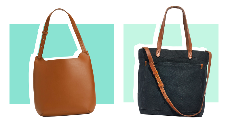 Tan and black leather tote bags.