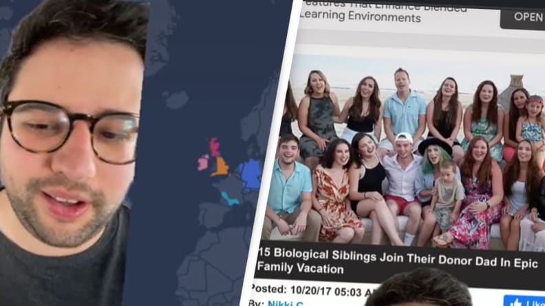 Left: Male with glasses on Tiktok, Right: screenshot of article about sperm donor