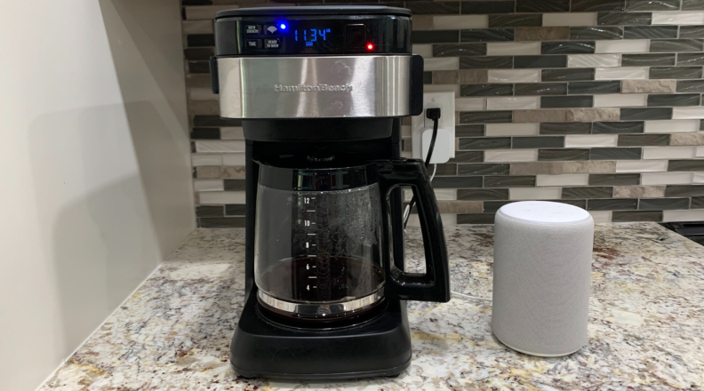 Hamilton Beach Works with Alexa Smart Coffee Maker sits on a countertop in the kitchen