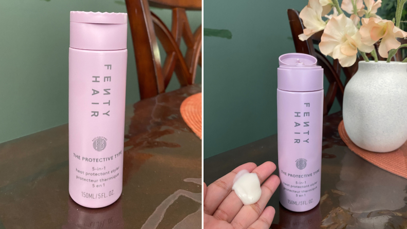 Collage of two photos of the Fenty Hair The Protective Type 5 in 1 Heat Protectant Styling Cream.