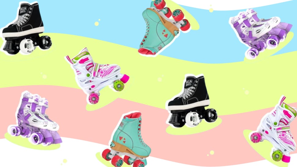 Roller skates and rollerblades against a green and cream background.