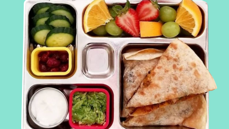 Quesadillas in a kids' school lunch in a Planet Box bento box