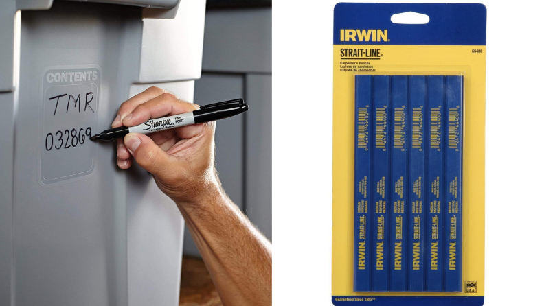On left, hand using black sharpie to write label on gray storage bin. On right, pack of blue carpenter pencils.