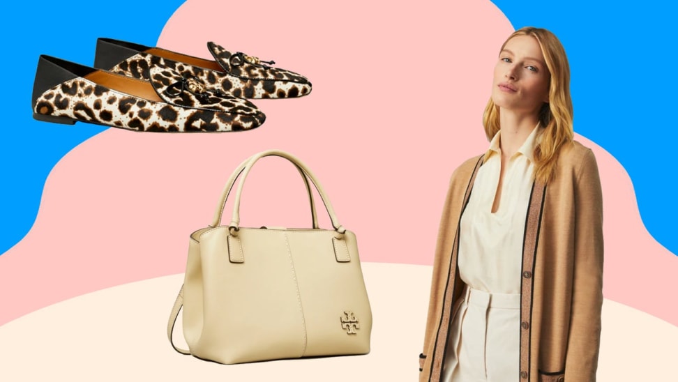 Cheetah print flat shoes, cream leather handbag and person wearing cream cardigan sweater in front of pink and blue background.