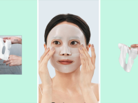 A collage featuring the Collagen Mask and a woman wearing it on her face.