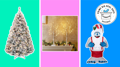 Artificial Christmas tree, lighted mini trees, and inflatable Yeti on colored backgrounds.