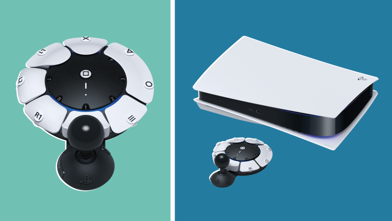 Photo collage of PS5 Access Controller with single joystick next to PS5 gaming console.