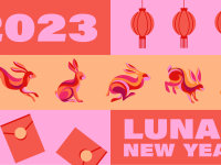 Pink, gold, and red images of rabbits, lanterns, and envelopes.