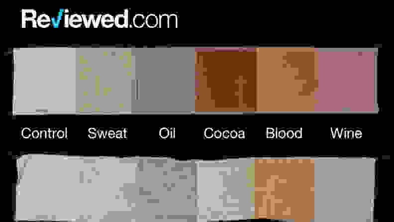 One of the stain strips Reviewed uses to test washers—before washing and after