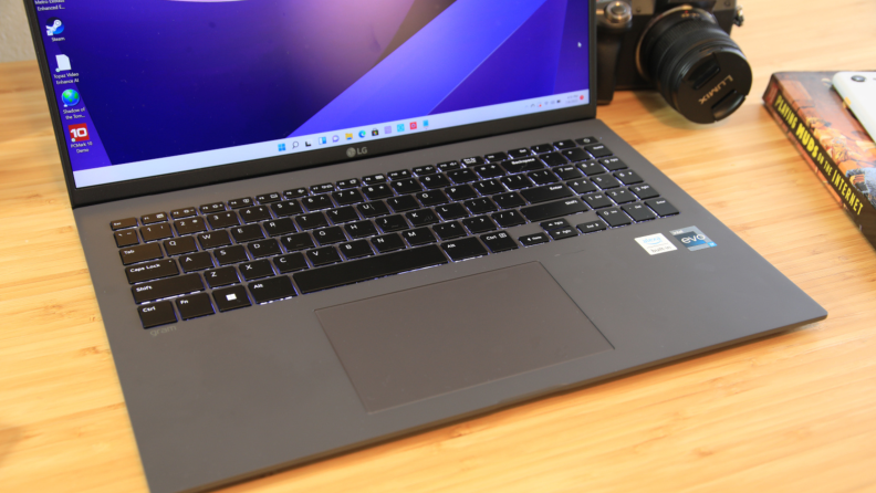 Close up of an open laptop computer's keyboard.