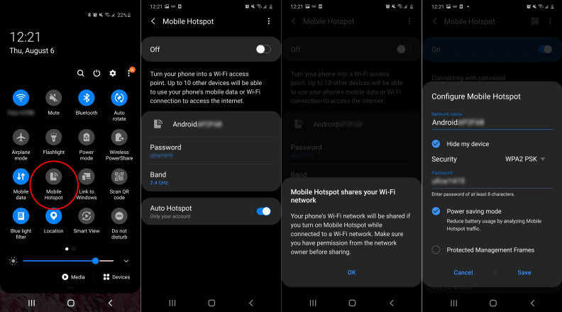The mobile hotspot settings on an Android phone