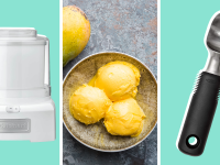 Three images of a small ice cream maker; scoops of yellow sorbet; and an ice cream scoop.