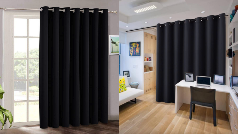 Black colored blackout curtains being used in front of window and as a divider between rooms in home.