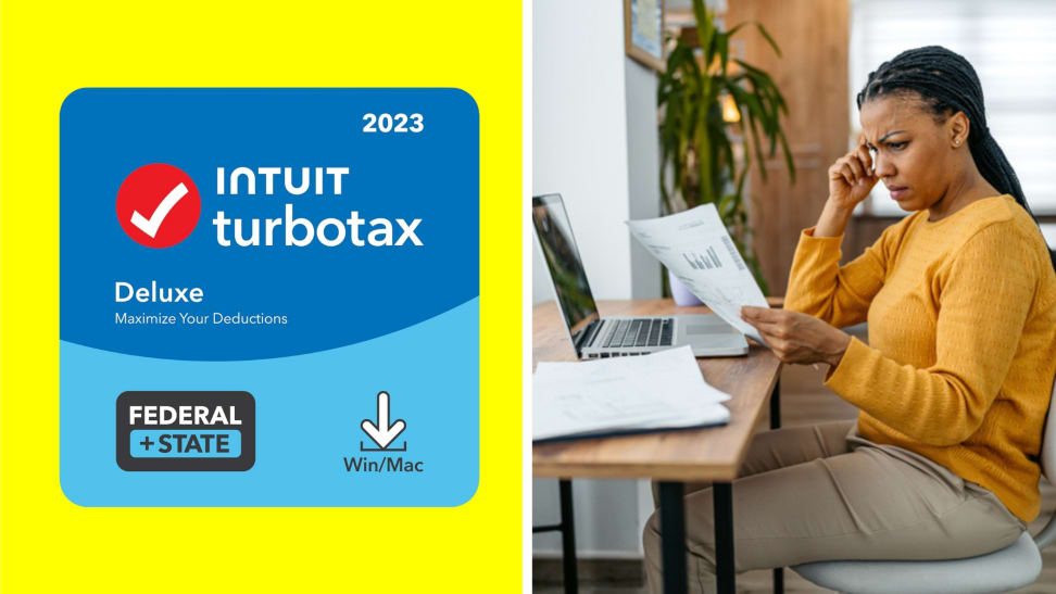 A TurboTax Deluxe 2023 Tax Software card in front of a colored background next to someone doing their taxes at home.