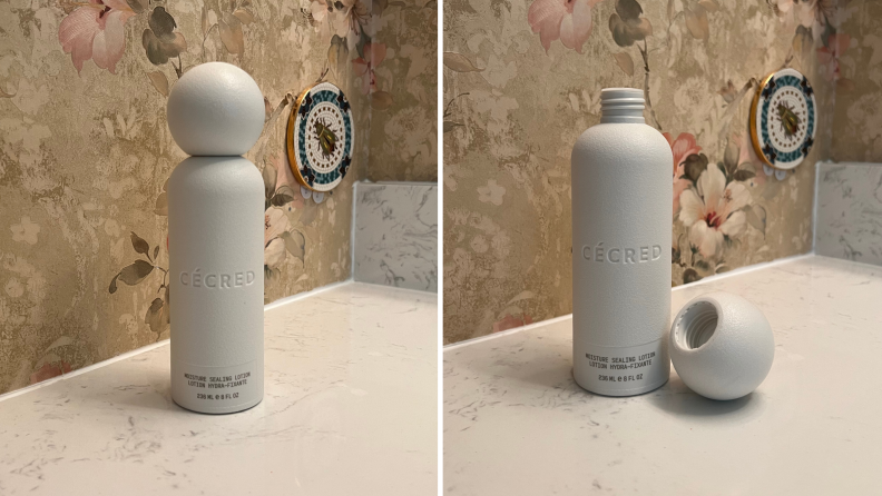Two views of a bottle of Cecred hair lotion.