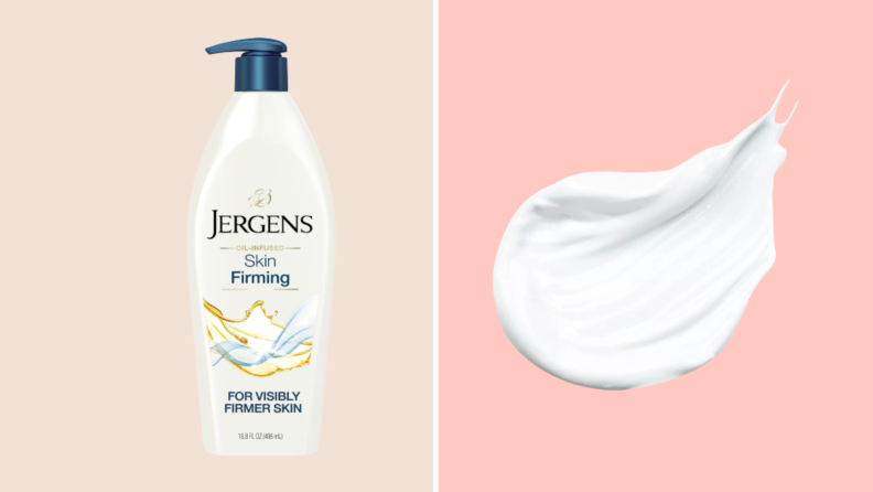 a bottle of Jergins Skin Firming body lotion, next to a dollop of hte lotion itself
