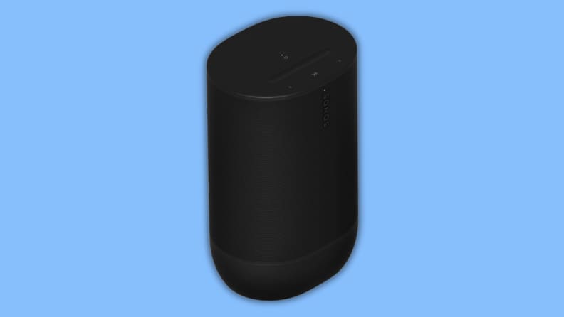 A black speaker sits on a blue background