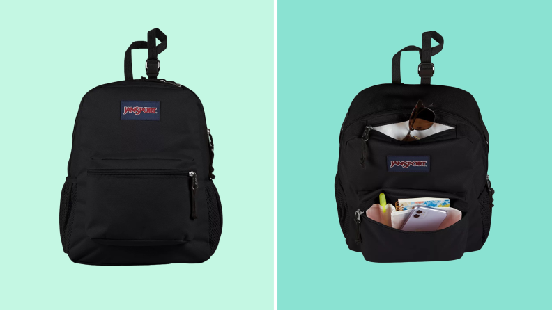 a side-by side image of a jansport adaptive backpack. The images show the bag opened and closed.