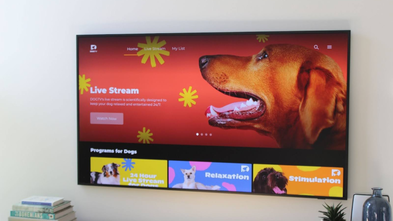 The home screen of the DOGTV app on a TV.