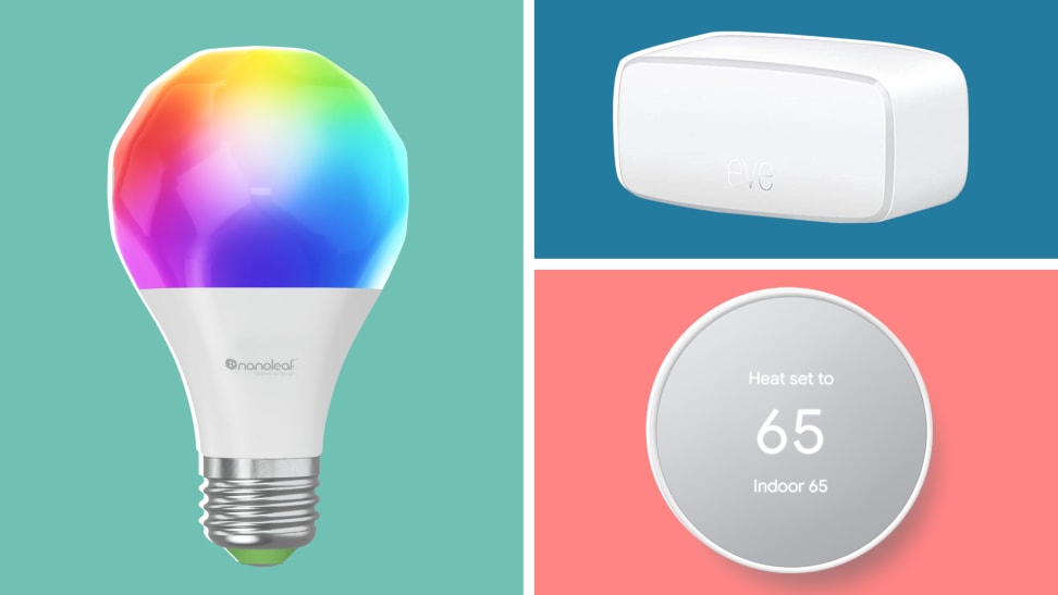 The NanoLeaf Essentials Smart Bulb, Eve Door & Window Sensor, and Google Nest Thermostat next to each other on a teal, pink, and blue background.