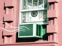 A green AC unit with a dollar for the window.