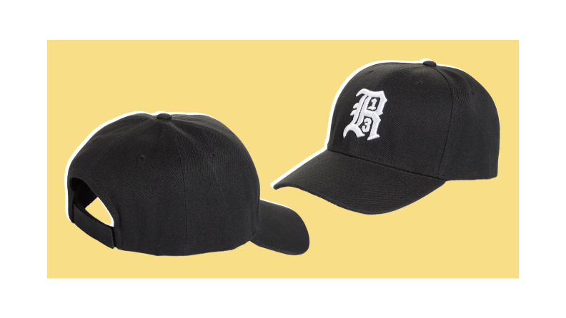 Two black baseball caps against a yellow background.