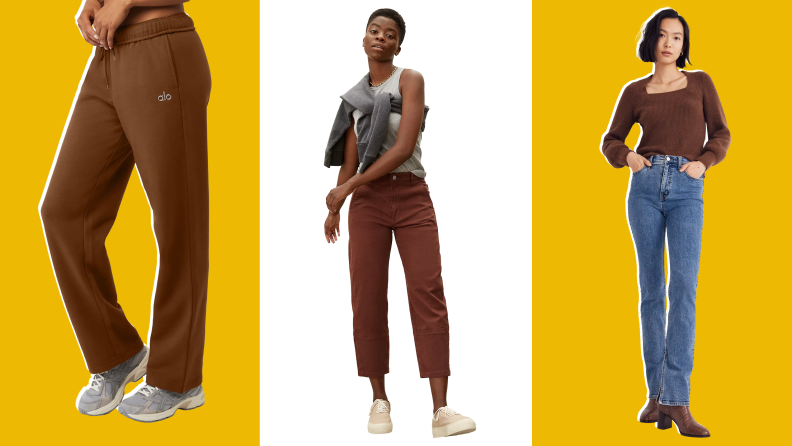 Collage of sweatpants, a pair of barrel pants, and a crop top in Warm Cinnamon.