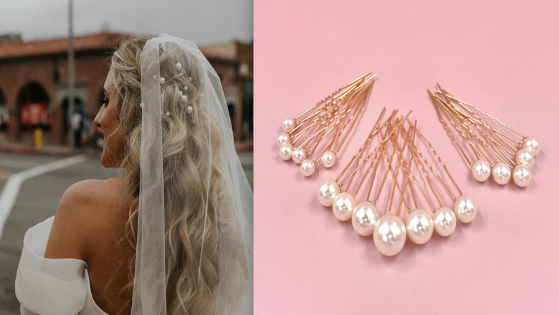 On left, bride wearing cream veil with pearl pins in hair. On right, gold and pearl hair pins.