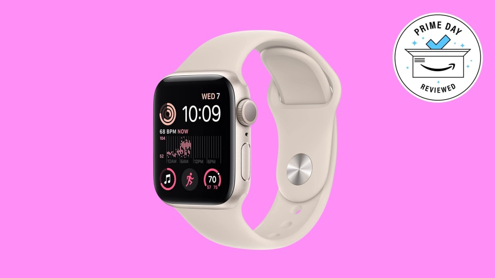 The Apple Watch SE floating in a pink void.
