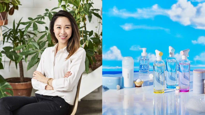 Left: Asian female founder of Blue Land, Right: Blue land cleaner bottles on cloudy background