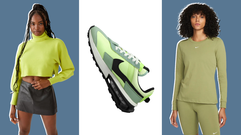 Collage images of a lime green crop top, Nike sneaker, and Nike tracksuit.